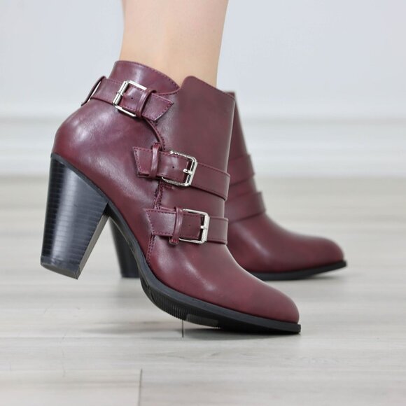 Ankle Boots Block Cone Heel Synthetic Leather Wine Almond Toe Buckles Zipper - Picture 11 of 12